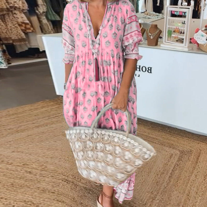 Quinta™ | Elegant Printed V-Neck Dress