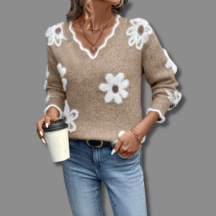 Lindsey - Elegant V-Neck Floral Sweater