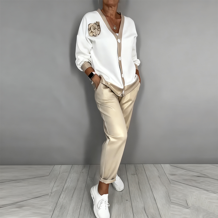 Florence - Casual V-Neck Top and High-Waisted Pants 2-Piece Set