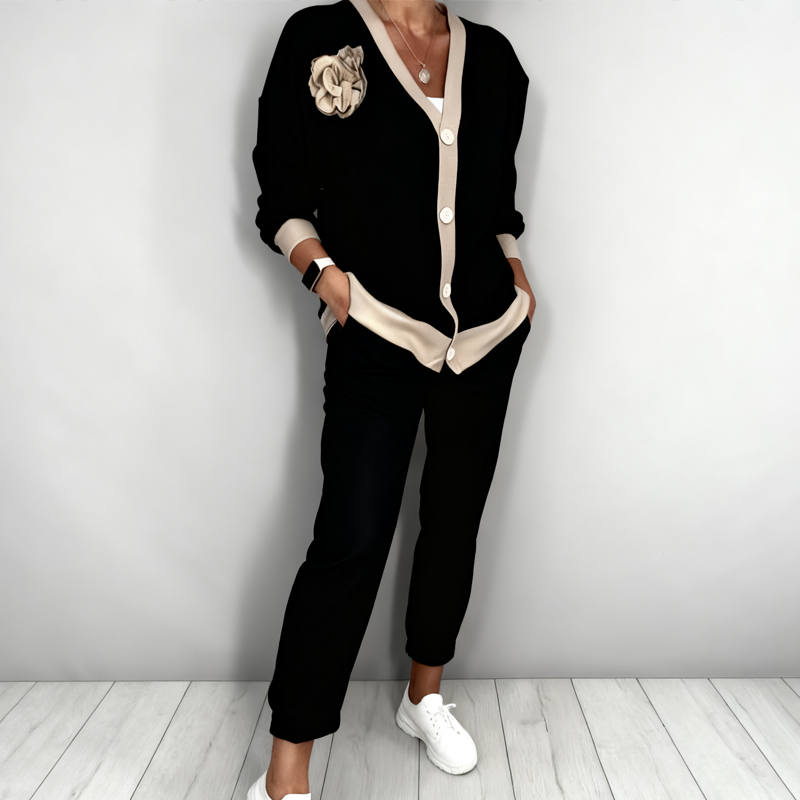 Florence - Casual V-Neck Top and High-Waisted Pants 2-Piece Set